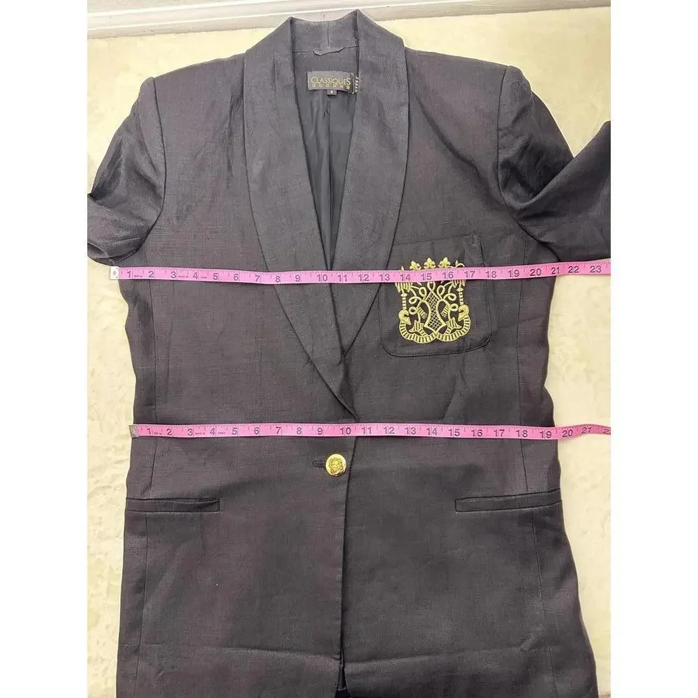 VTG 80s Linen Crest Blazer Sz S Black Gold Preppy Classic Power Jacket - Picture 5 of 5
